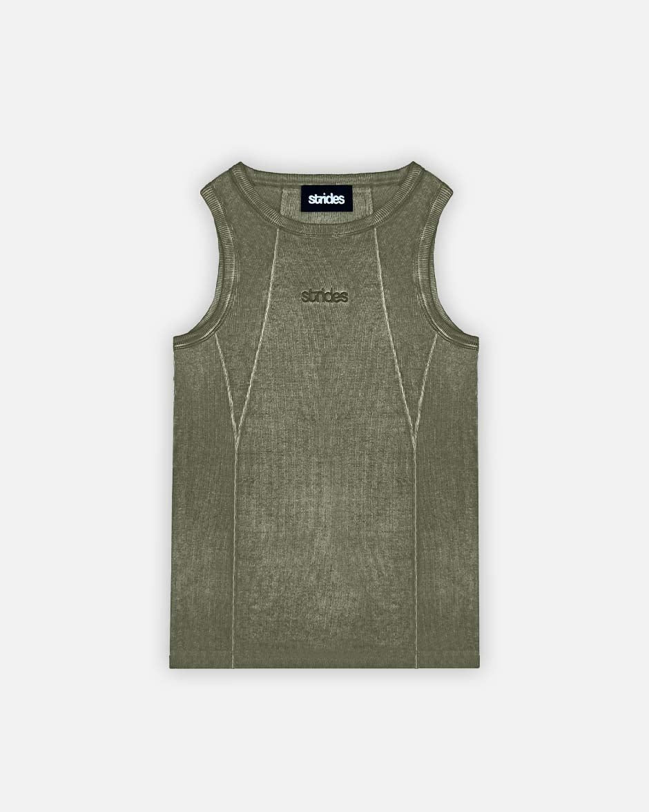 A green sleeveless tank top with logo embroidery on the chest and sewing line details.