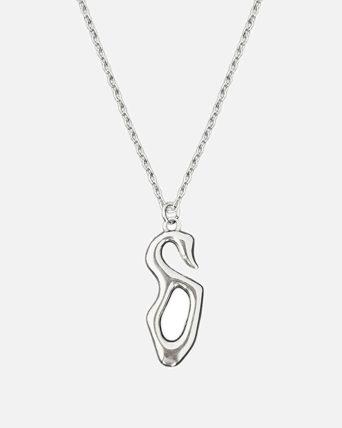 Silver necklace with a unique pendant on a white background