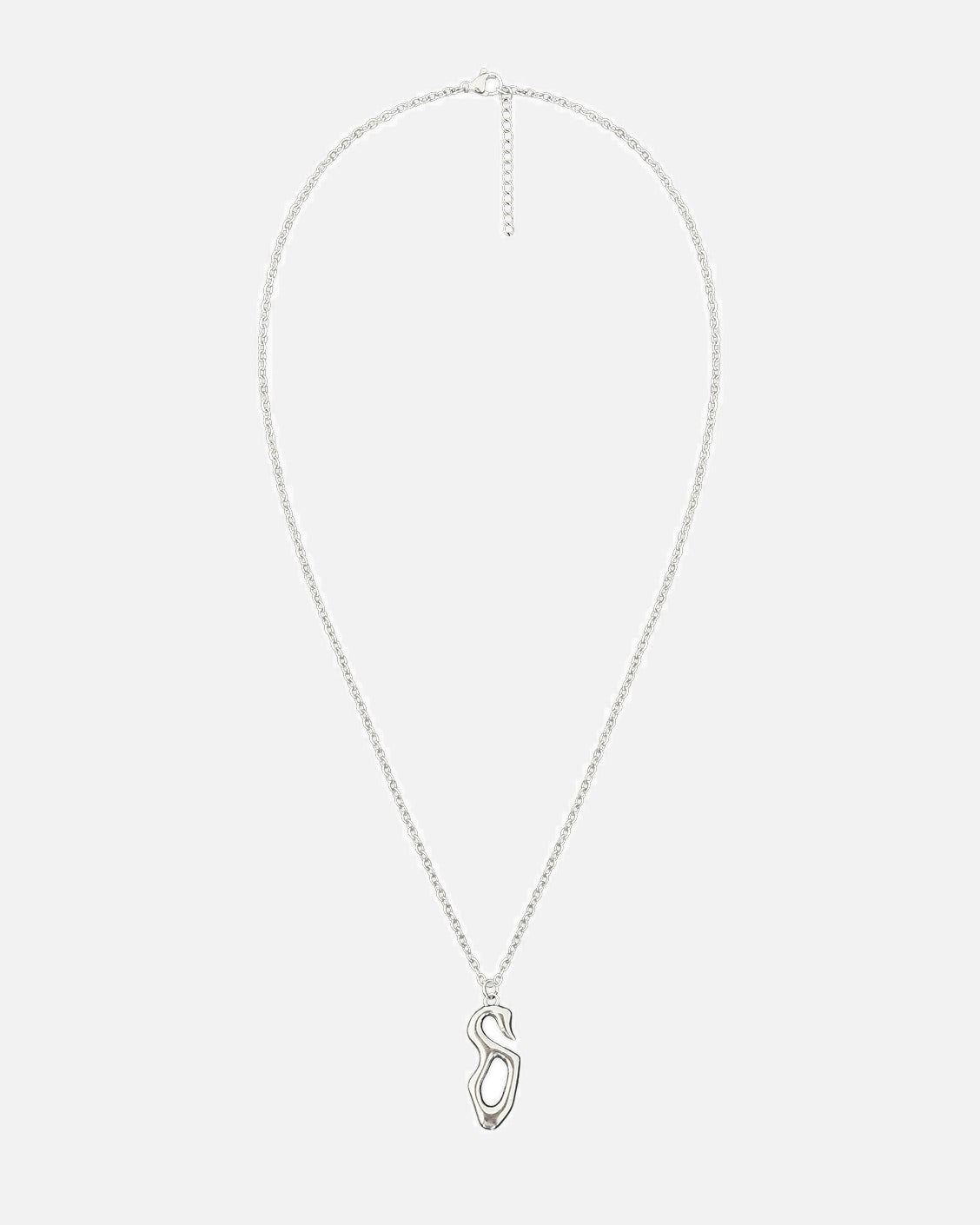 Silver necklace with a unique pendant on a white background
