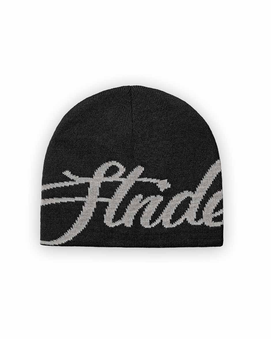 A black beanie with a unique white logo knitting across the front.