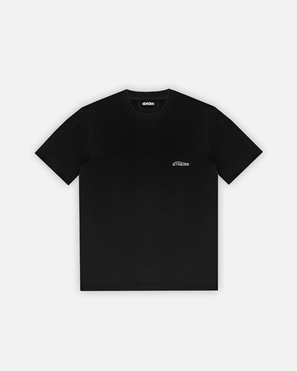 Black t-shirt with a small white logo on a white background