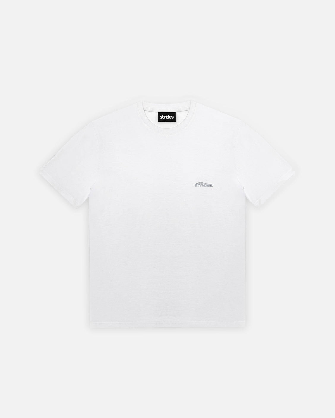 White t-shirt with a small black logo on a white background