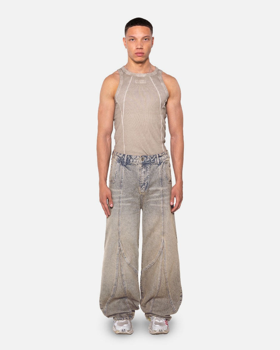 Claw Denim Light Grey Yellow, front view on a light grey background