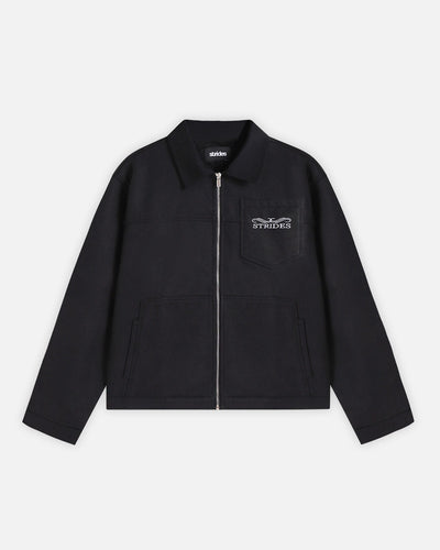 Black jacket with a logo on a white background