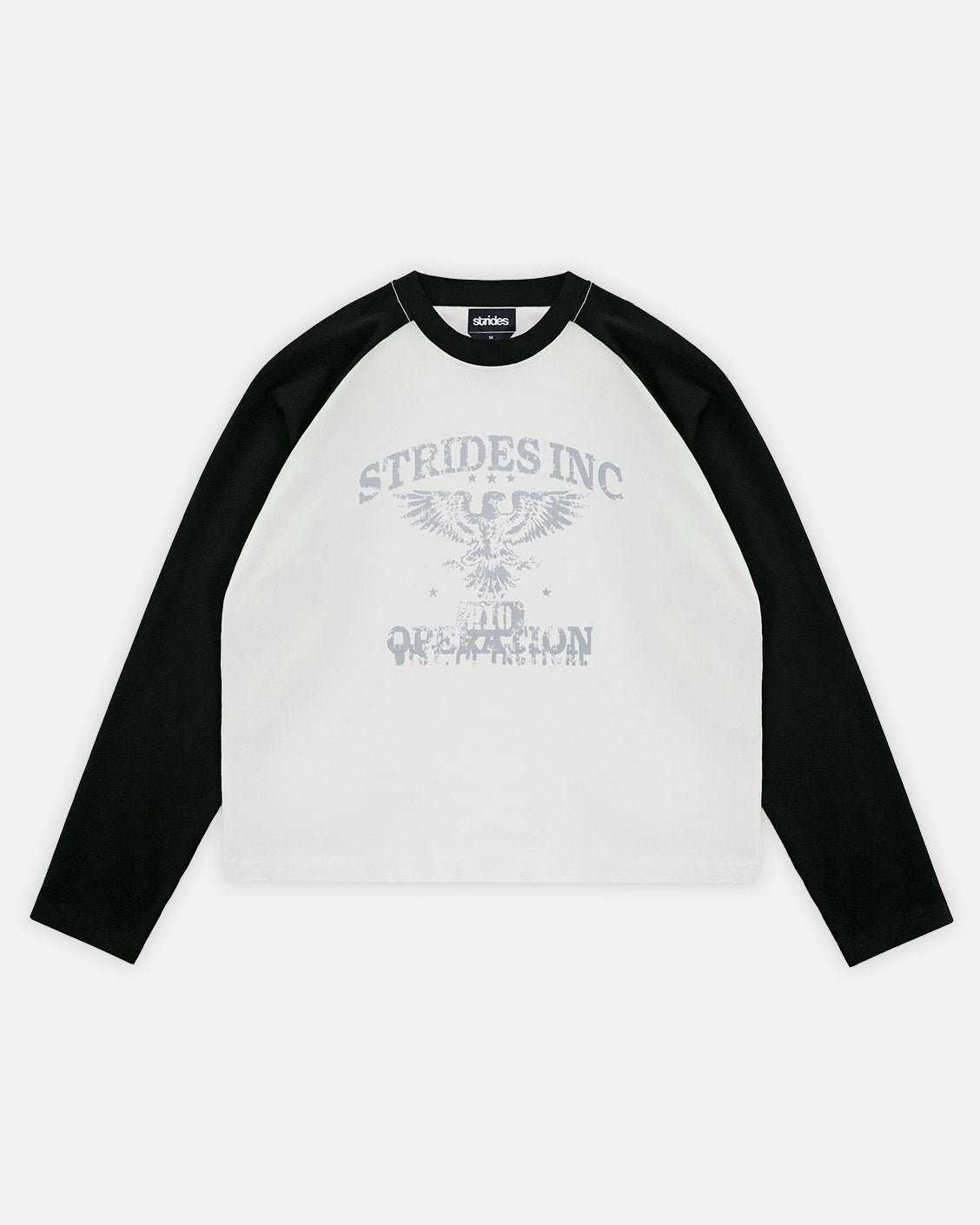 Long-sleeve shirt with 'Strides Inc' logo on a white background
