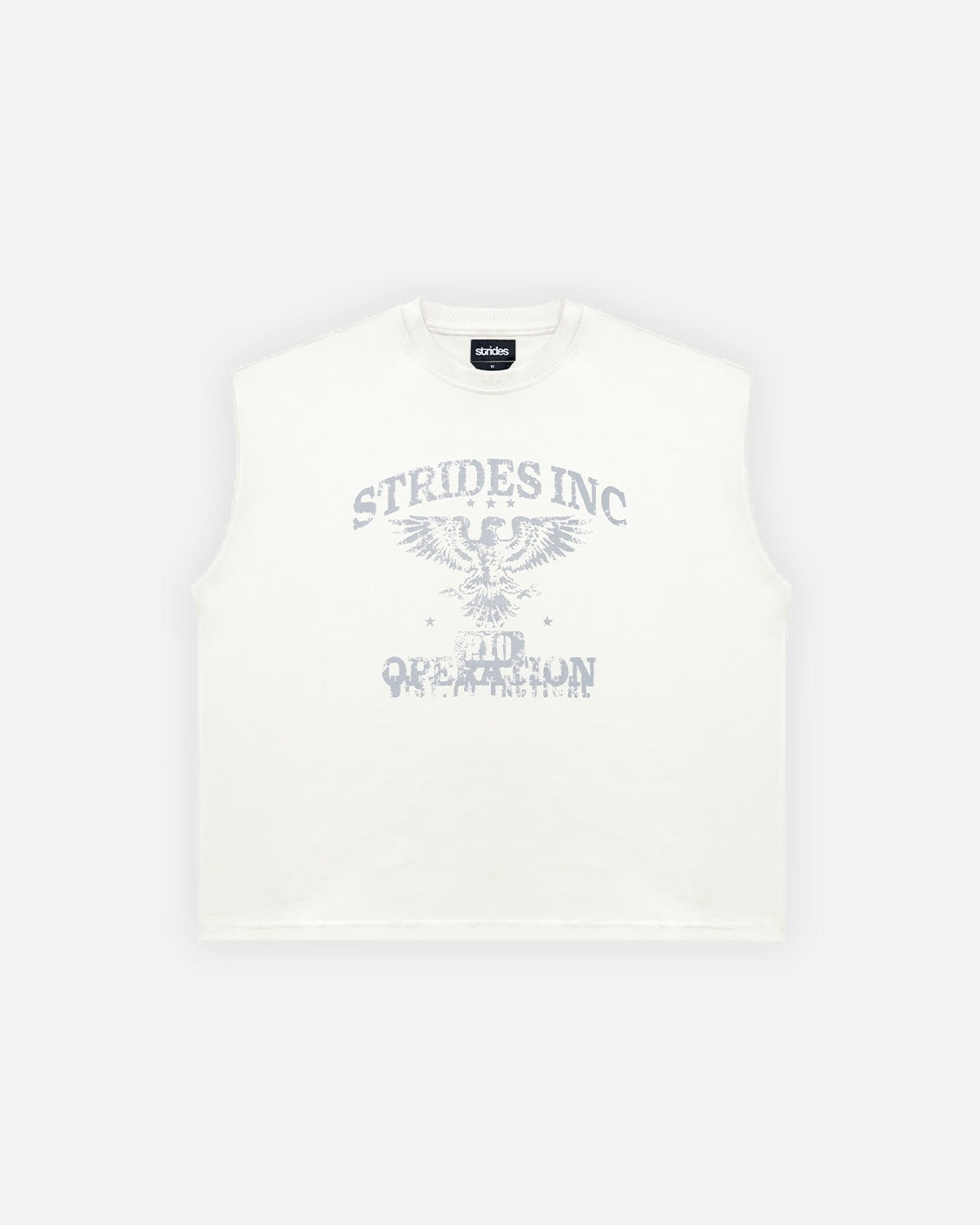 White t-shirt with 'Strides Inc' logo on a white background