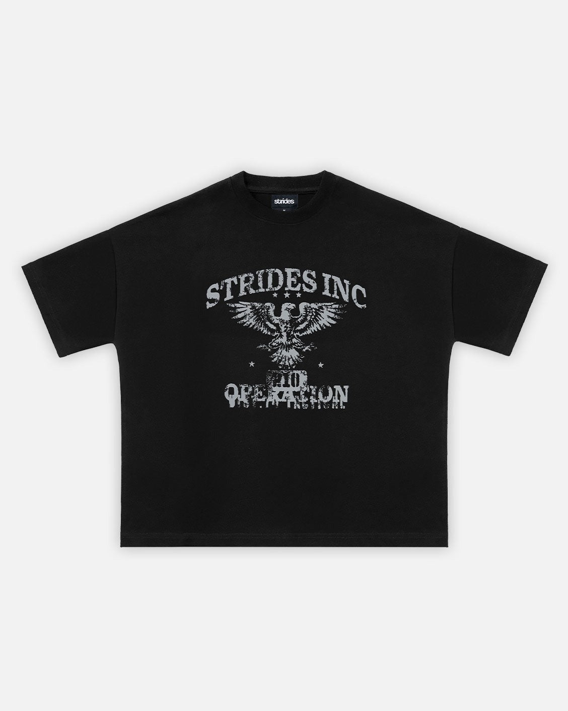 Black t-shirt with 'Strides Inc' logo on a white background