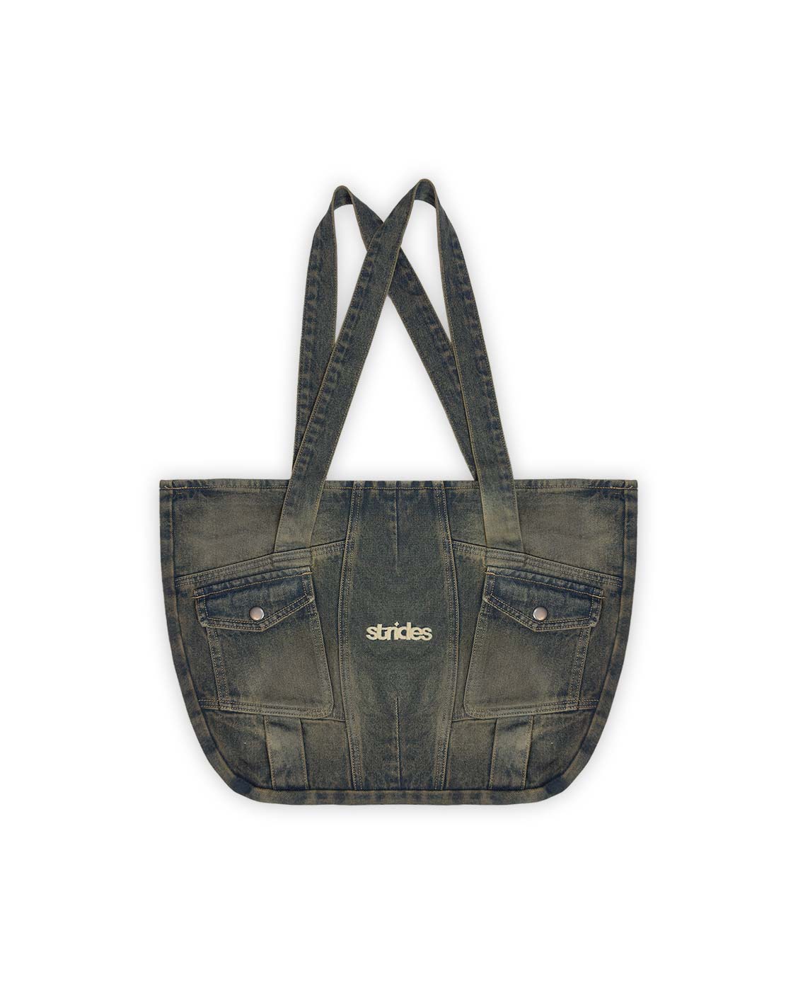 A dark blue denim bag with yellow wash, featuring stiffened sides, inside lining, logo embroidery, and push button side pockets.