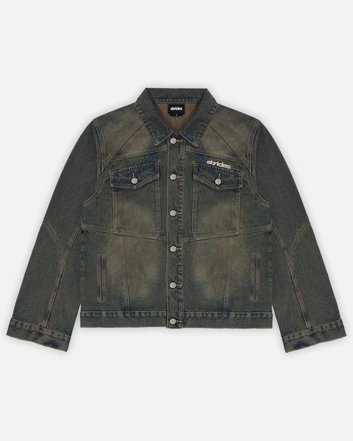 A dark blue denim jacket with yellow wash, featuring adjustable arms, logo leather patch, logo embroidery, custom logo buttons, and front pockets.