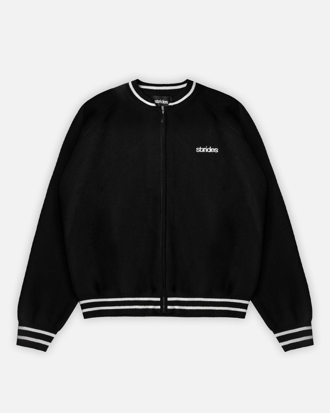 Black Mono Varsity knit jacket with white logo embroidery, Strides JP, front view