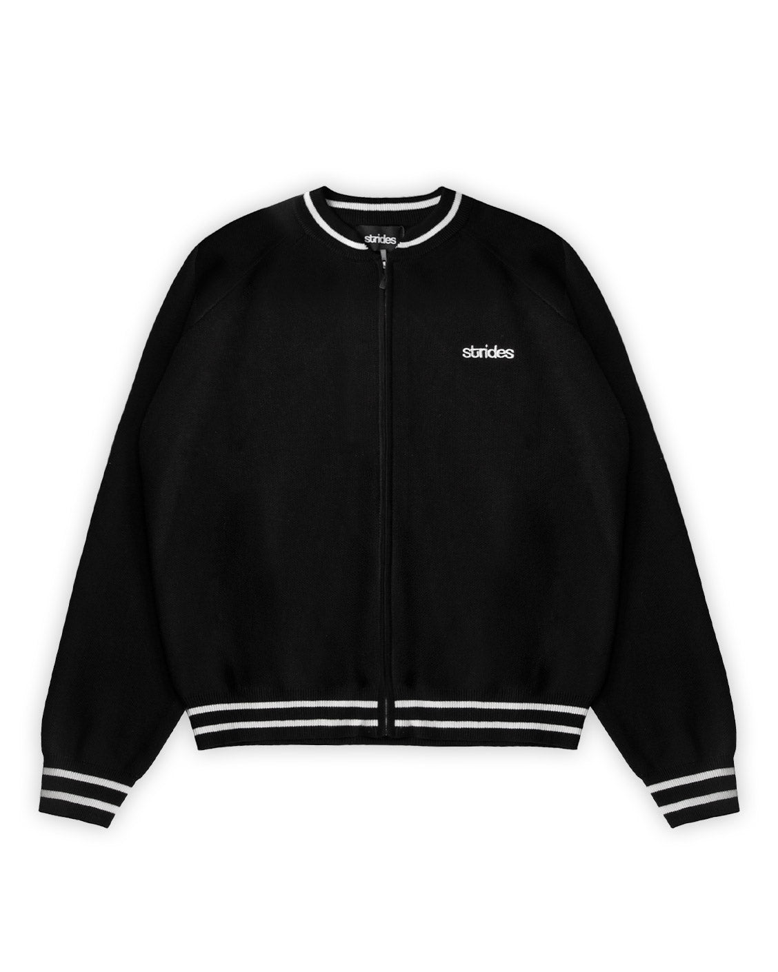 Black Adidas jacket with white logo on a white background