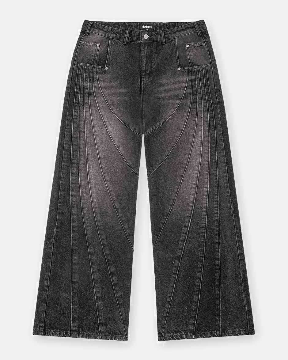 A pair of black denim jeans with a wide fit and distinctive sewing line details.