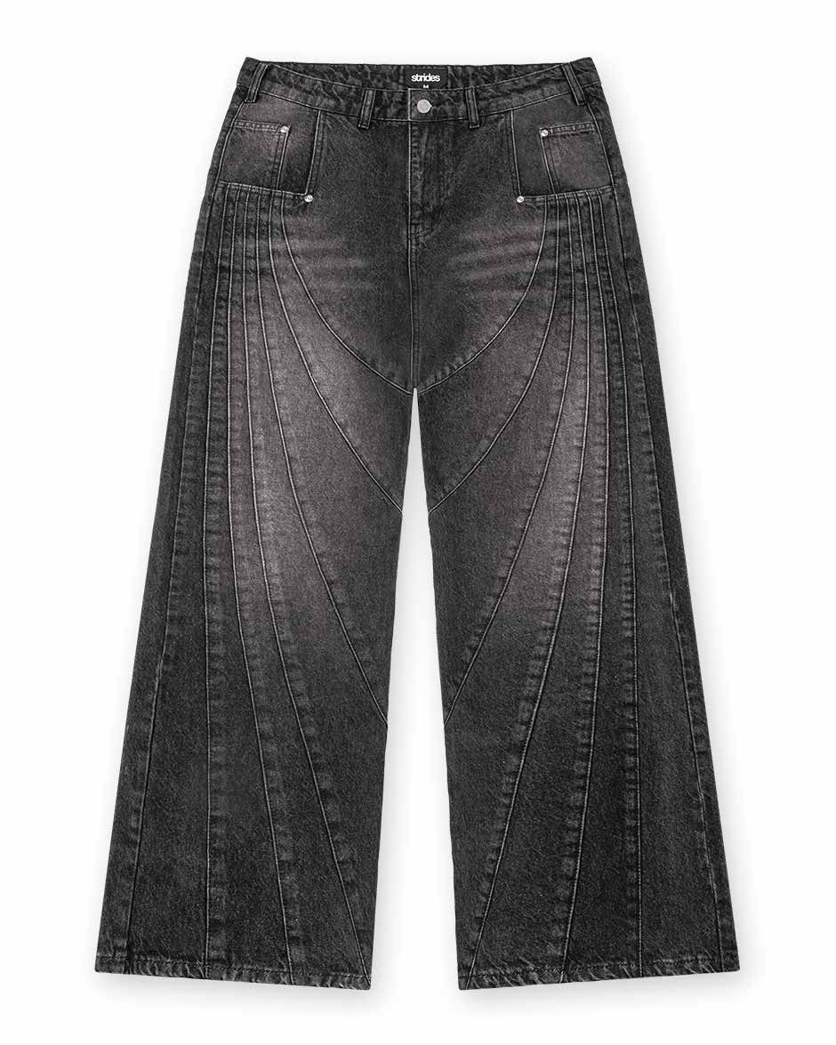 A pair of black denim jeans with a wide fit and distinctive sewing line details.