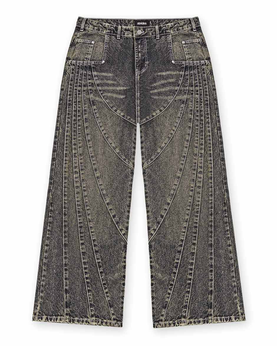 A pair of dark blue denim jeans with a wide fit and distinctive yellow wash details, featuring a logo leather patch and custom logo button.