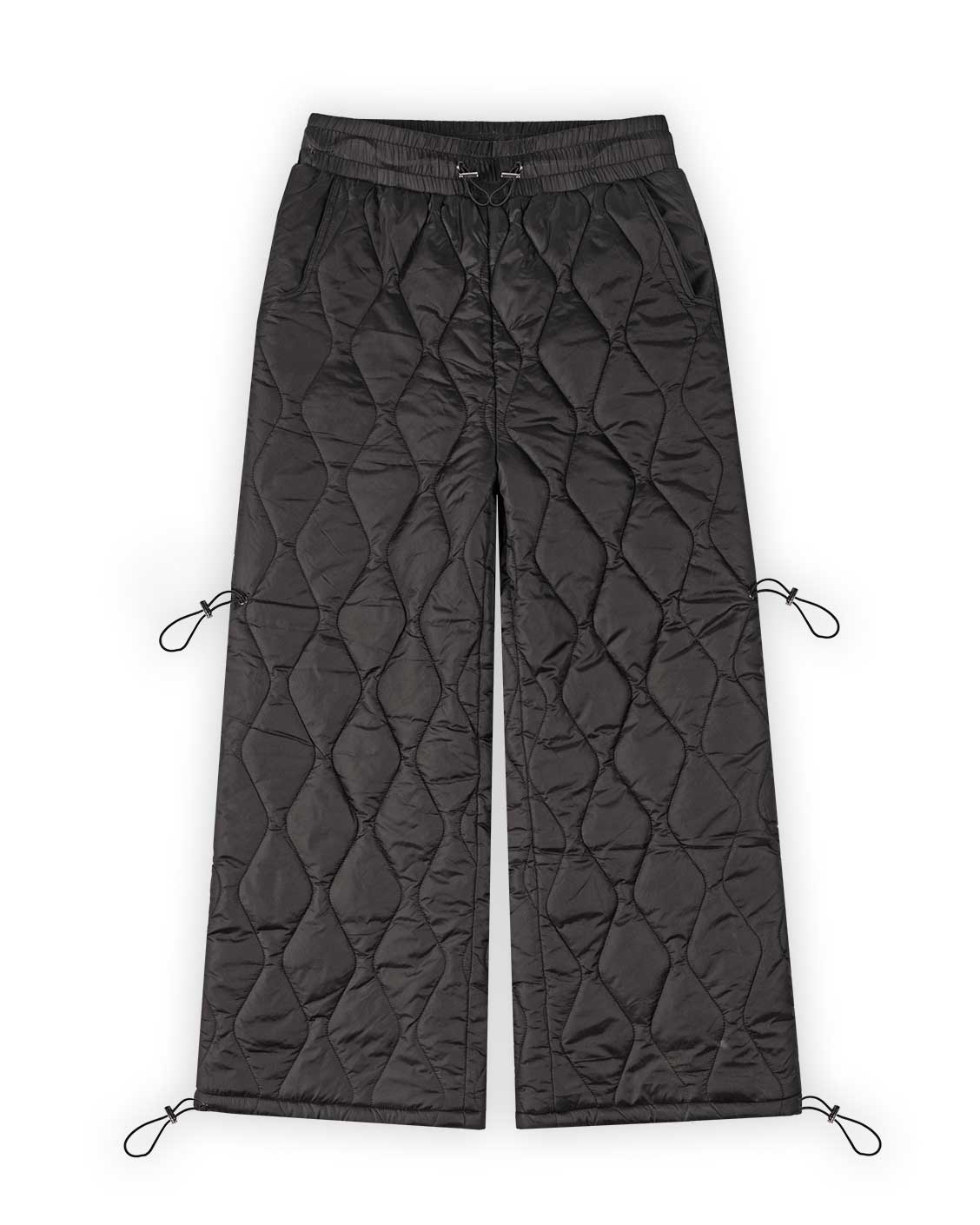 Black quilted pants with geometric pattern on a white background