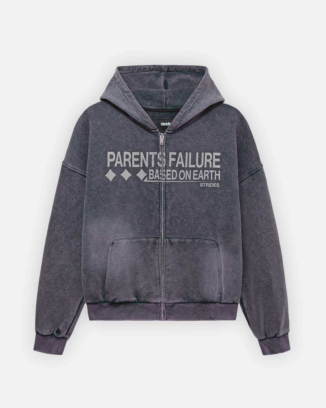 A gray hooded zip hoodie with the text 'PARENTS FAILURE BASED ON EARTH' printed on the front.