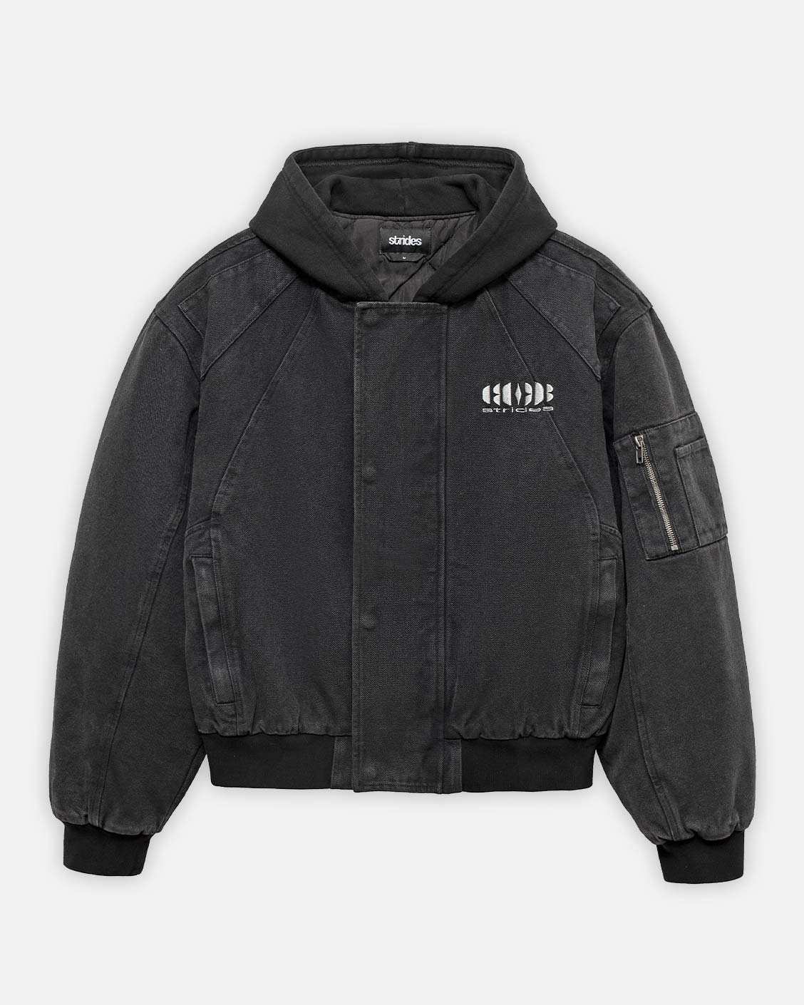 A black puffed bomber jacket with logo embroidery, zipper and button closure, zip pockets, and acid wash finish.