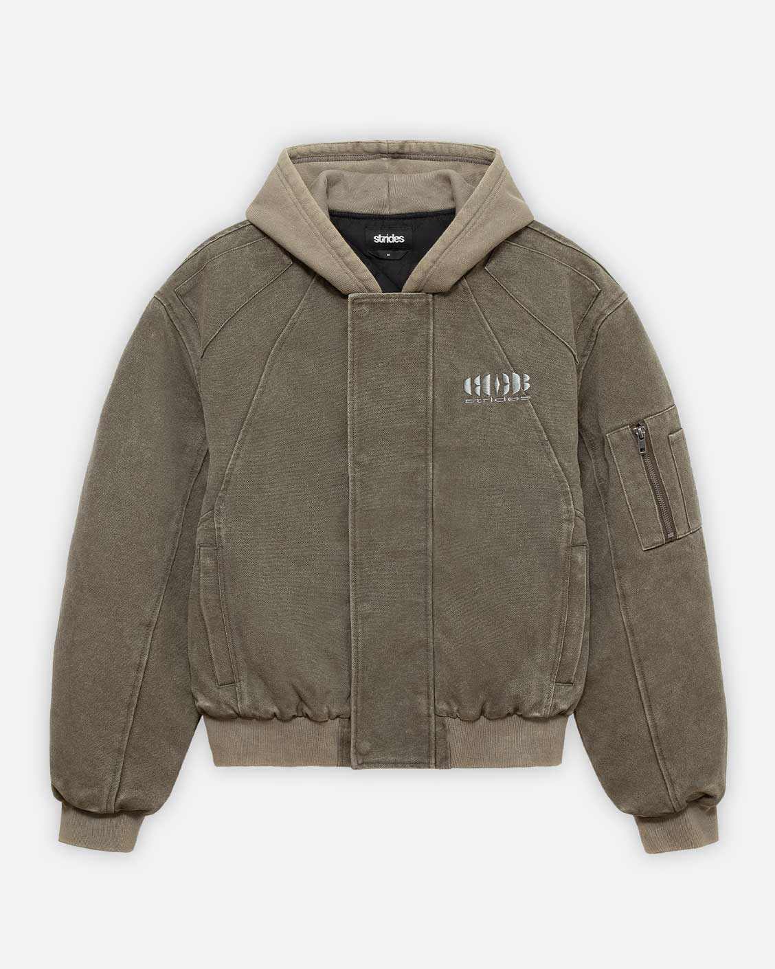 An olive green puffed bomber jacket with logo embroidery, featuring a hood, zipper and button closure, zip pockets, and sewing line details.