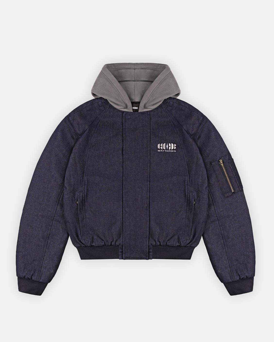 Puffed Raw Denim Bomber, flat lay, front view on a light grey background