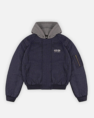 Puffed Raw Denim Bomber, flat lay, front view on a light grey background