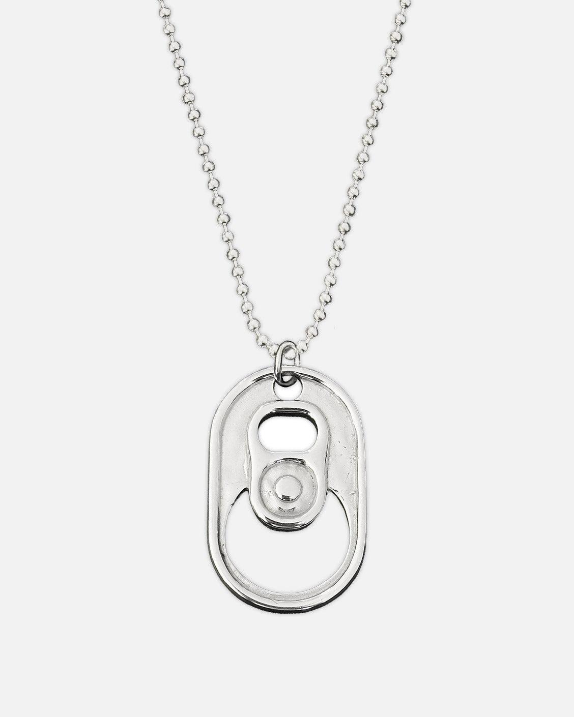 Silver necklace with a unique pendant on a white background