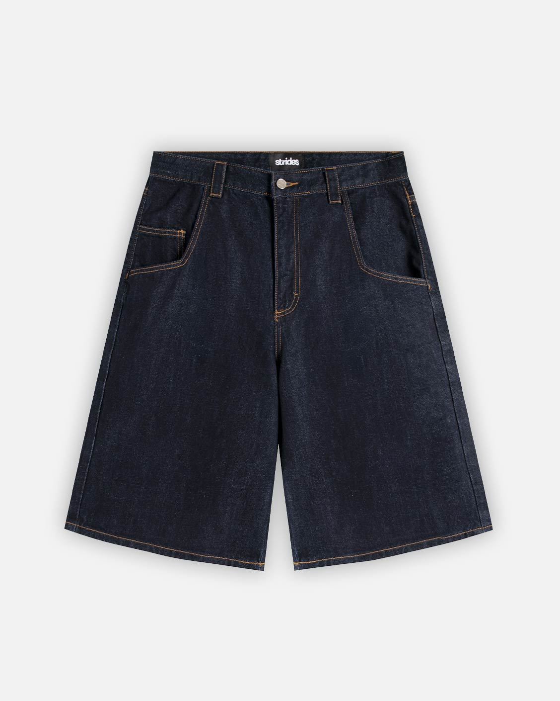 Dark blue denim shorts on a white background