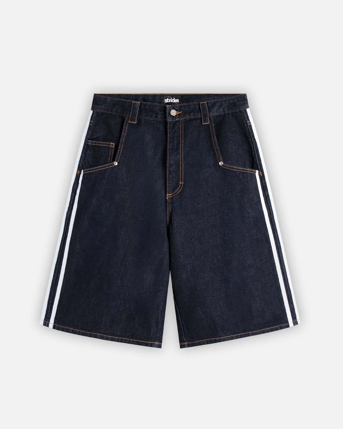 Dark blue denim shorts with white stripes on a white background