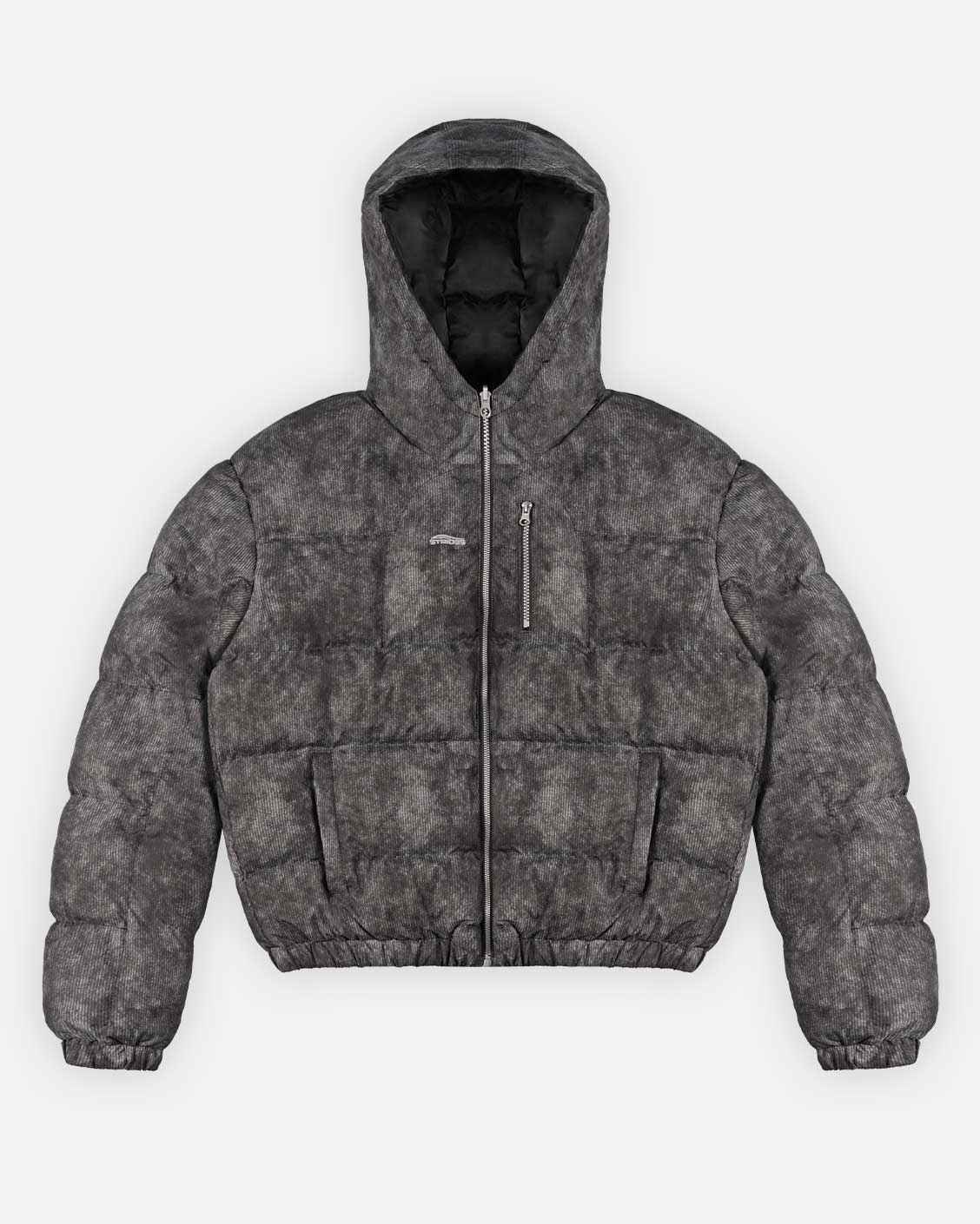 Reversible Ash Cord Puffer, flat lay, front view on a light grey background