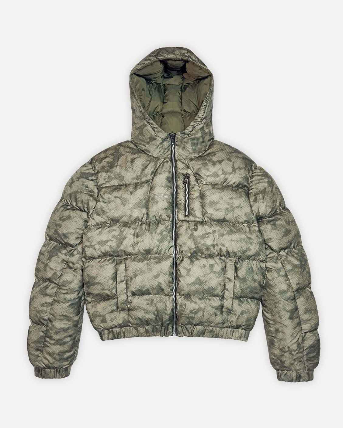 Camouflage-patterned puffer jacket on a white background