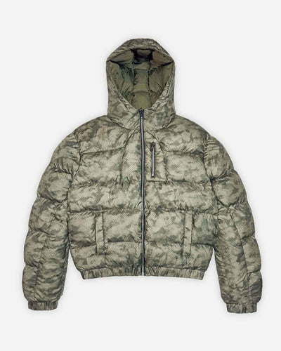 Camouflage-patterned puffer jacket on a white background