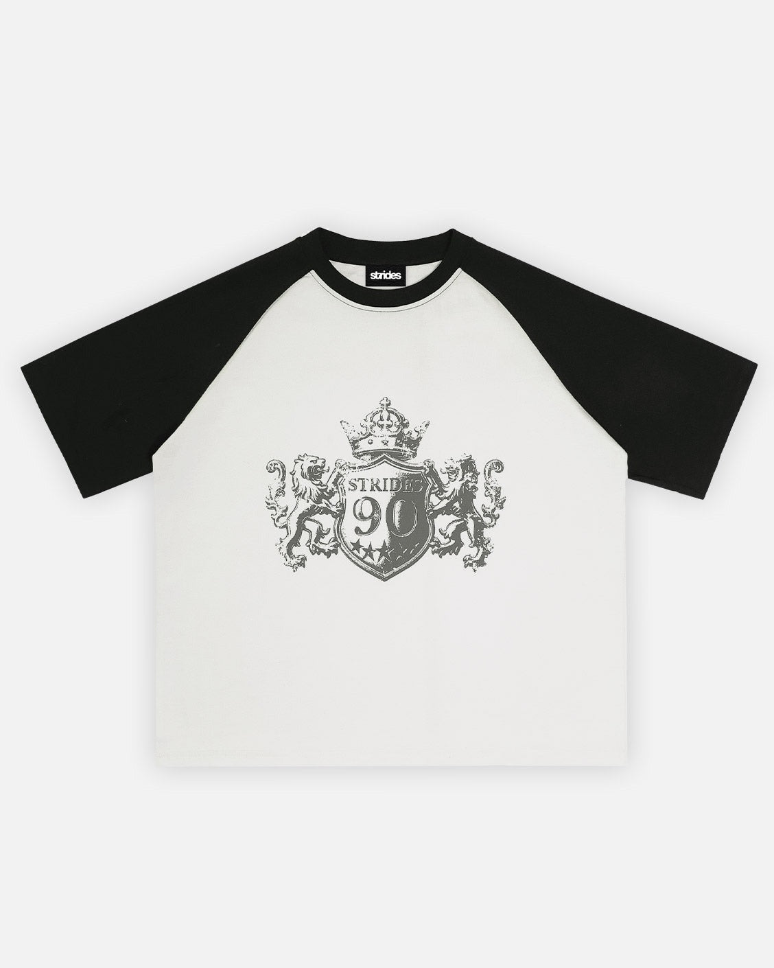 White baseball shirt with black sleeves featuring a crest design on a white background