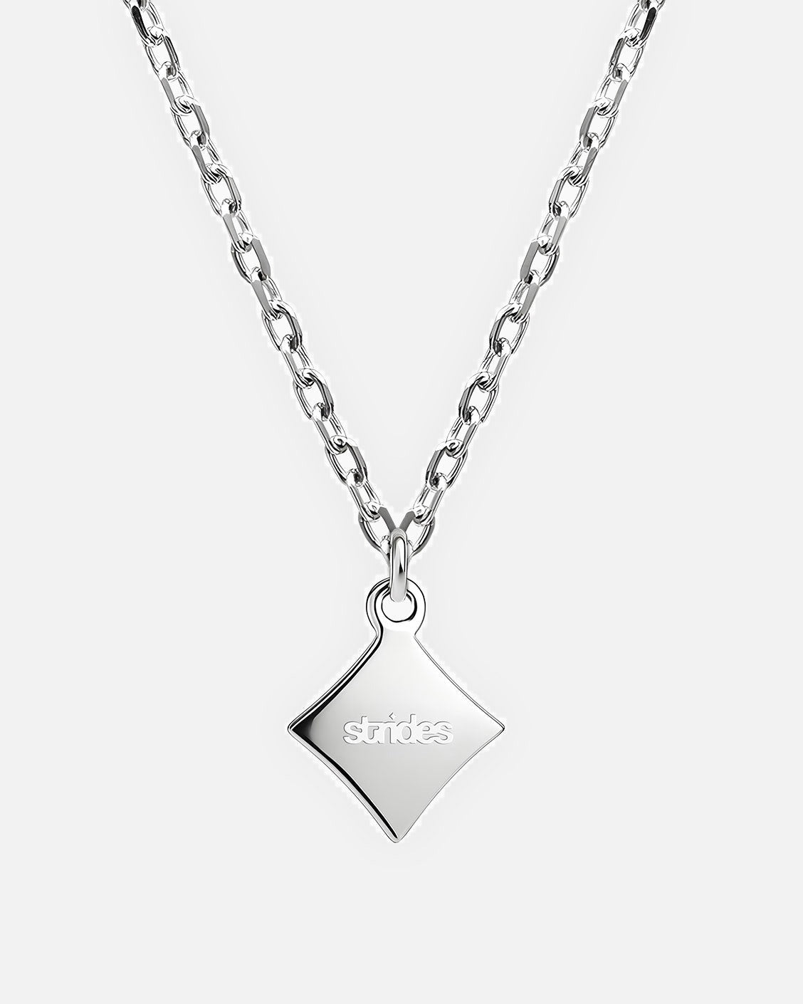 Silver necklace with a diamond-shaped pendant on a white background