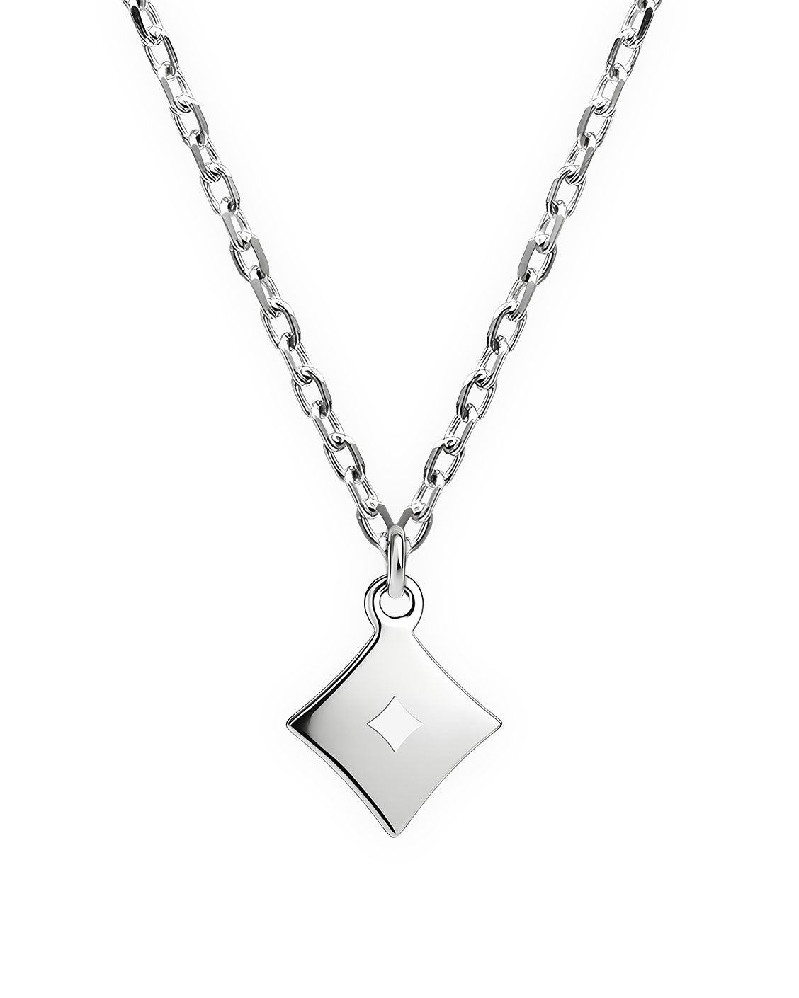 Silver necklace with a geometric pendant on a white background