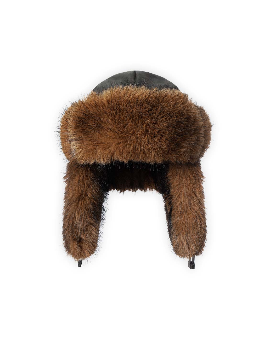 A black and brown unisex faux fur hat with vegan leather details and logo embroidery, featuring an elastic closure.
