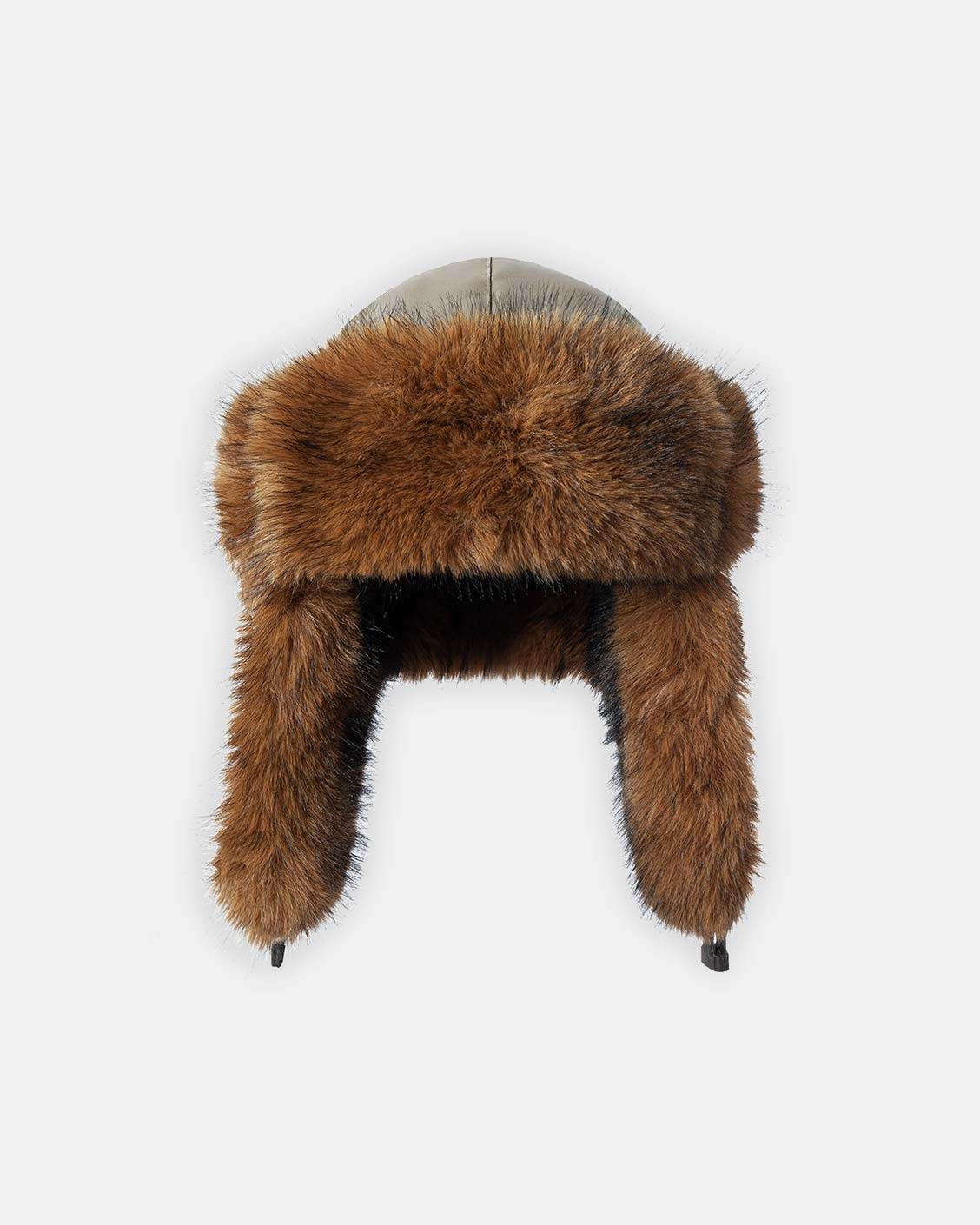 A brown unisex faux fur hat with vegan leather details, logo embroidery, and elastic closure.