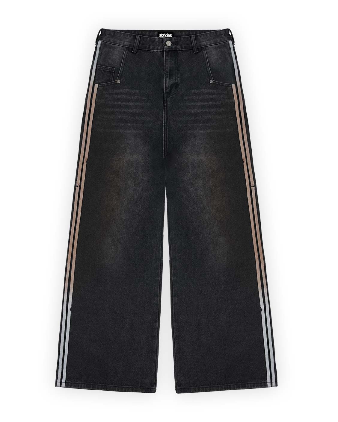 A pair of men's black denim jeans with a straight leg fit, featuring a mid-rise waist, belt loops, and a classic five-pocket design. The jeans are distressed with a mud wash and acid wash finish.