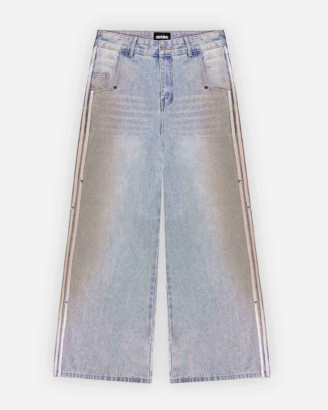 Light blue denim jeans with a washed out effect and stripes of different shades creating a mud wash appearance.