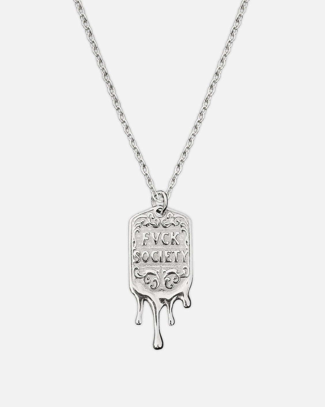 Silver necklace with pendant that reads 'F*ck Society' on a white background