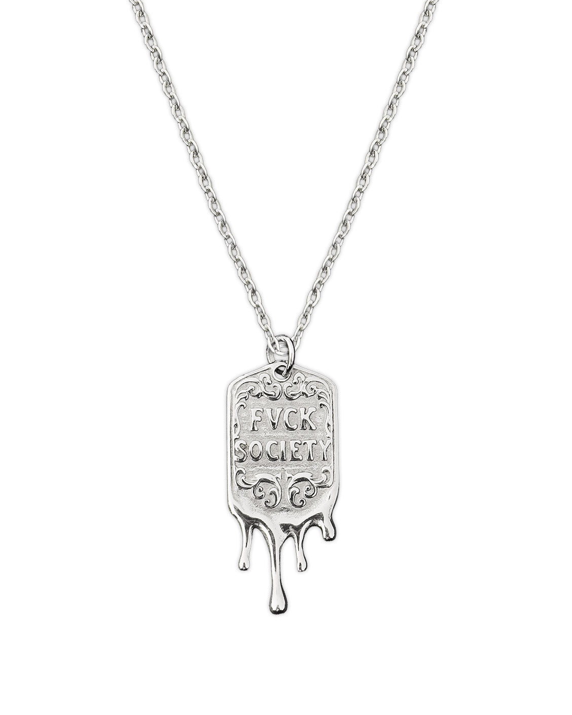 Silver necklace with pendant that reads 'F*ck Society' on a white background