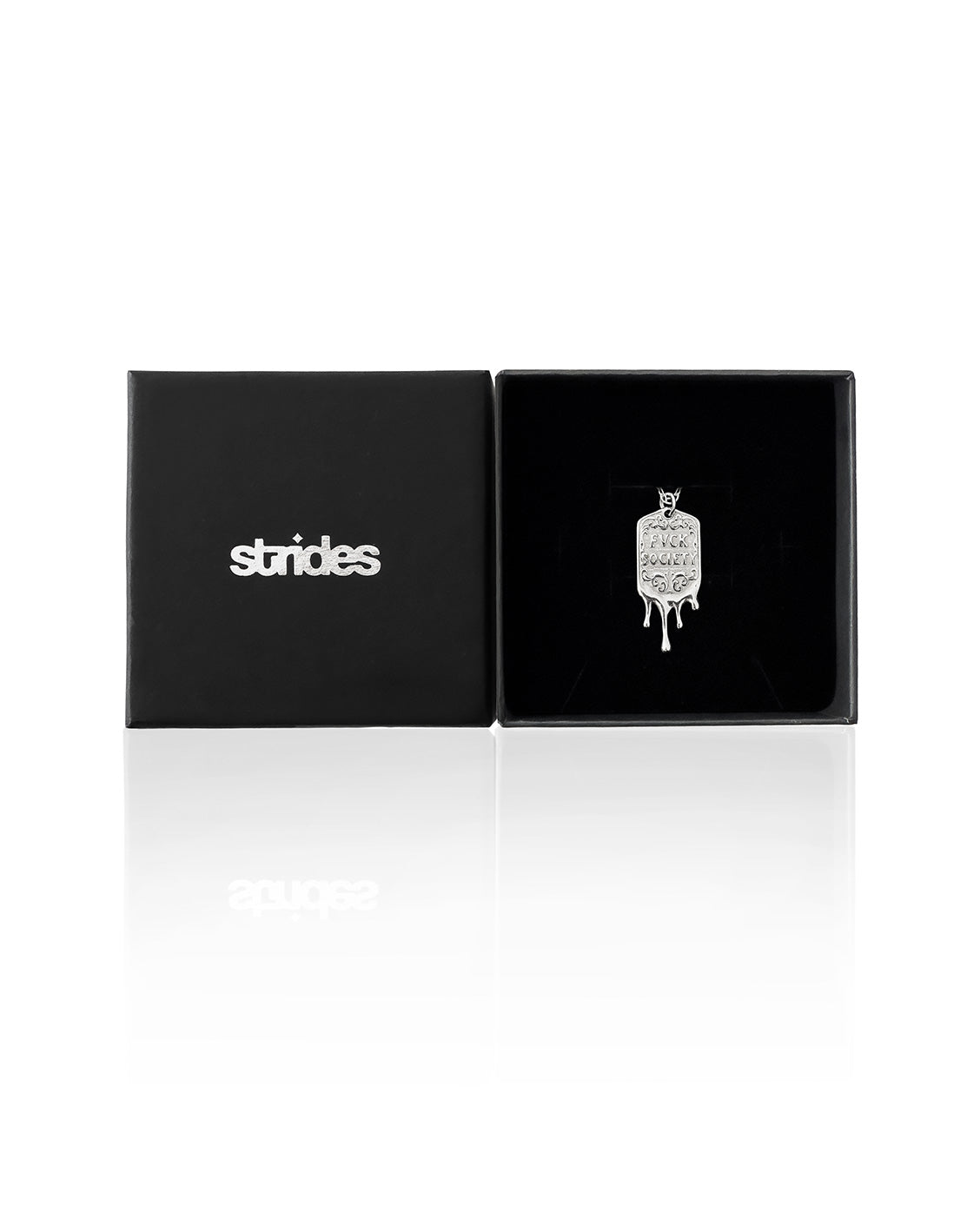 Silver pendant in a 'strides' branded box on a white background