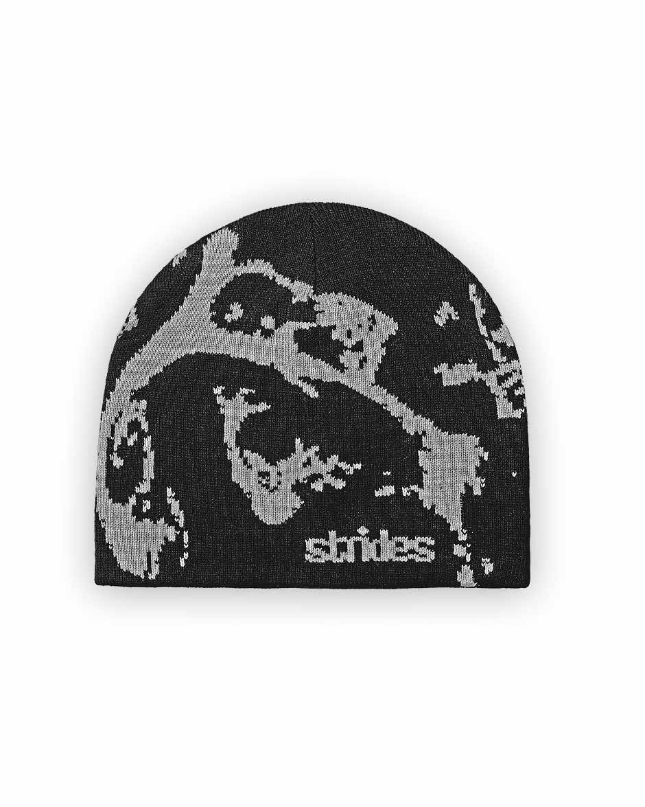 A black beanie with a unique white logo knitting and a visible brand name on it.