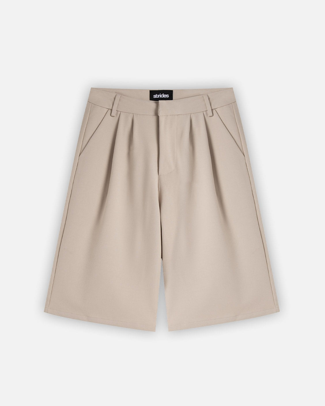 Beige shorts with a brand label on a white background