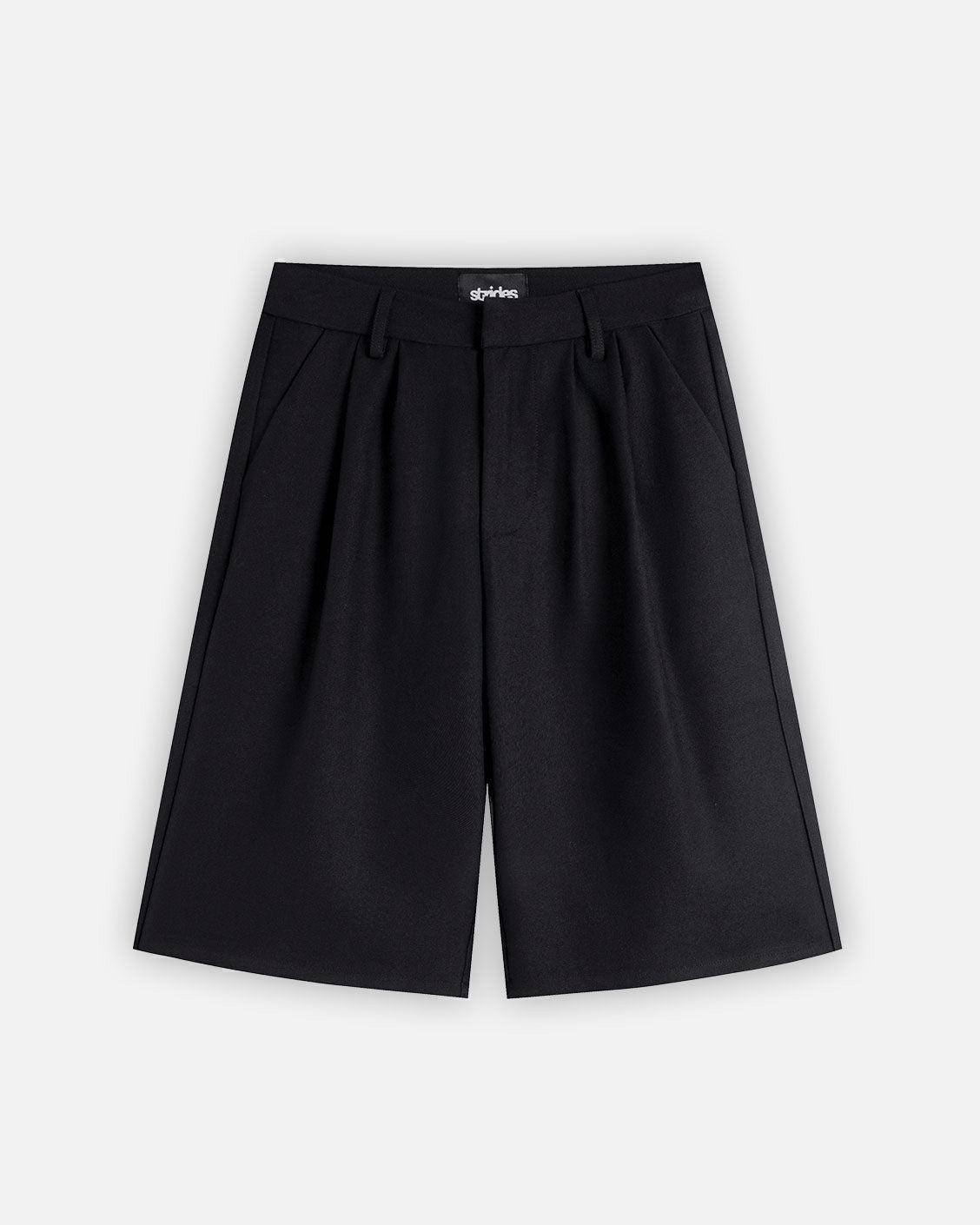 Black shorts with a brand logo on a white background