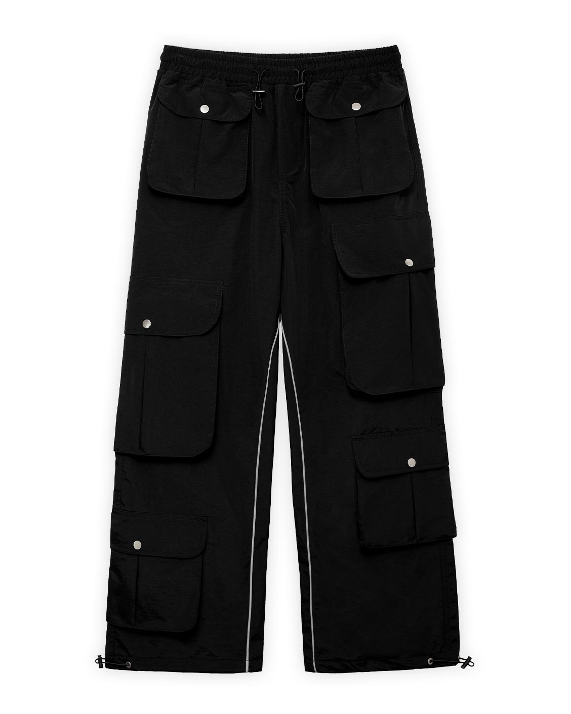 Pair of black cargo pants with multiple pockets, featuring reflective line details, an adjustable waist, and wide fit.