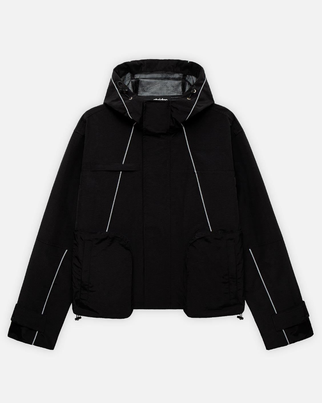 A black waterproof tech jacket with reflective line details, ykk zip pockets, and adjustable sleeves and hood.
