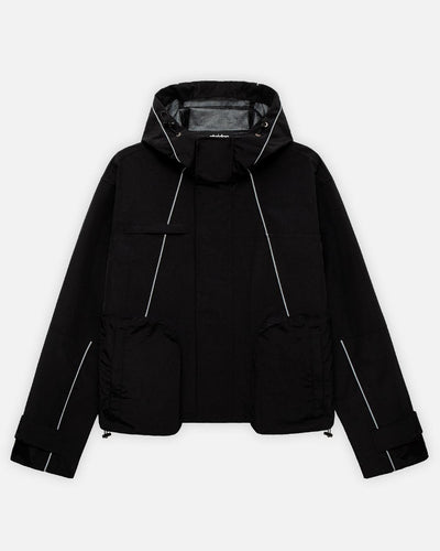 A black waterproof tech jacket with reflective line details, ykk zip pockets, and adjustable sleeves and hood.