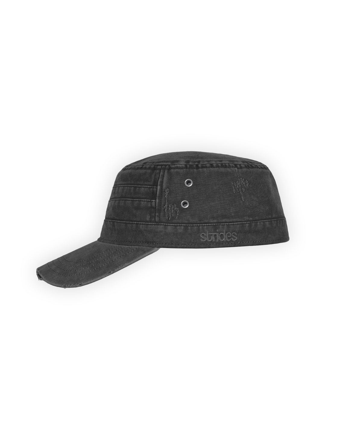 Black denim cap with 'staud' branding on a white background