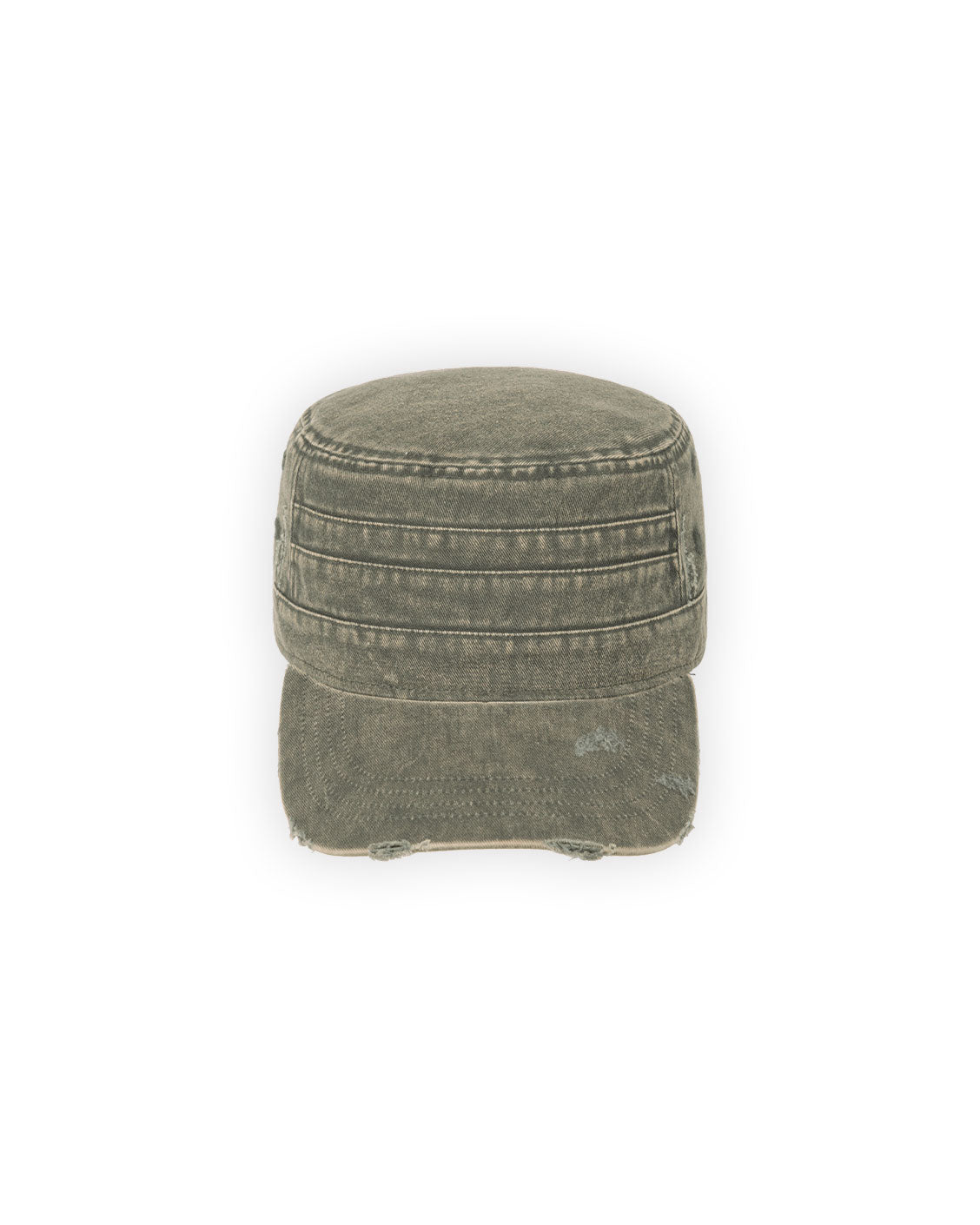 Green military-style cap on a white background