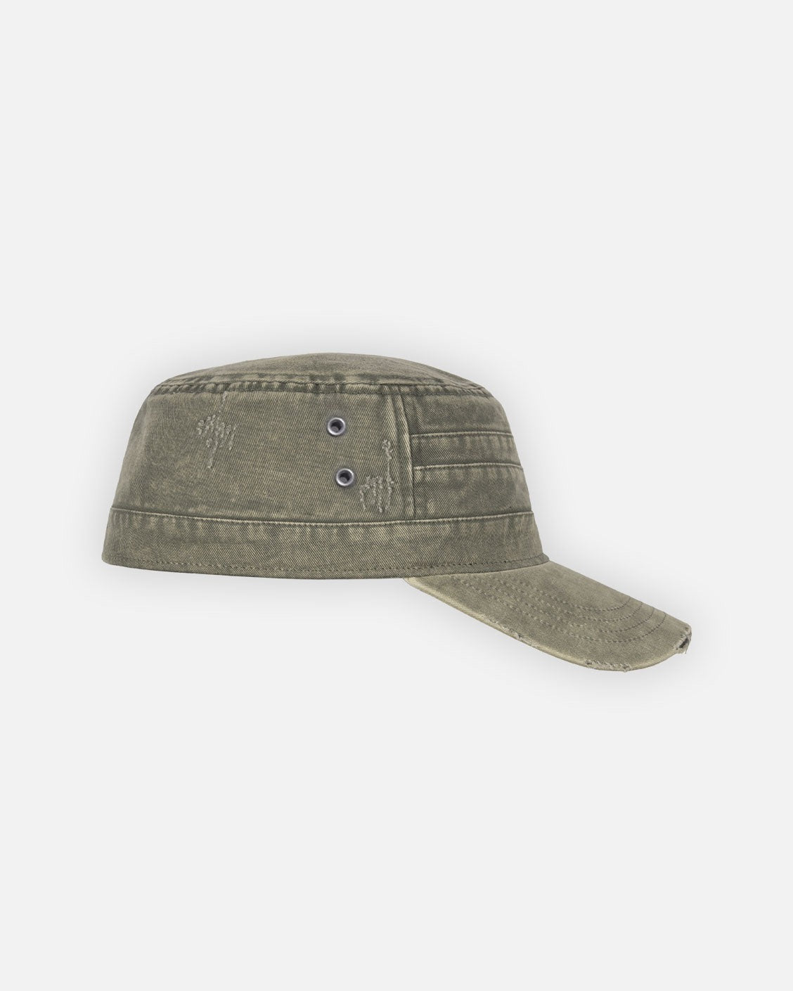 Green military-style cap on a white background