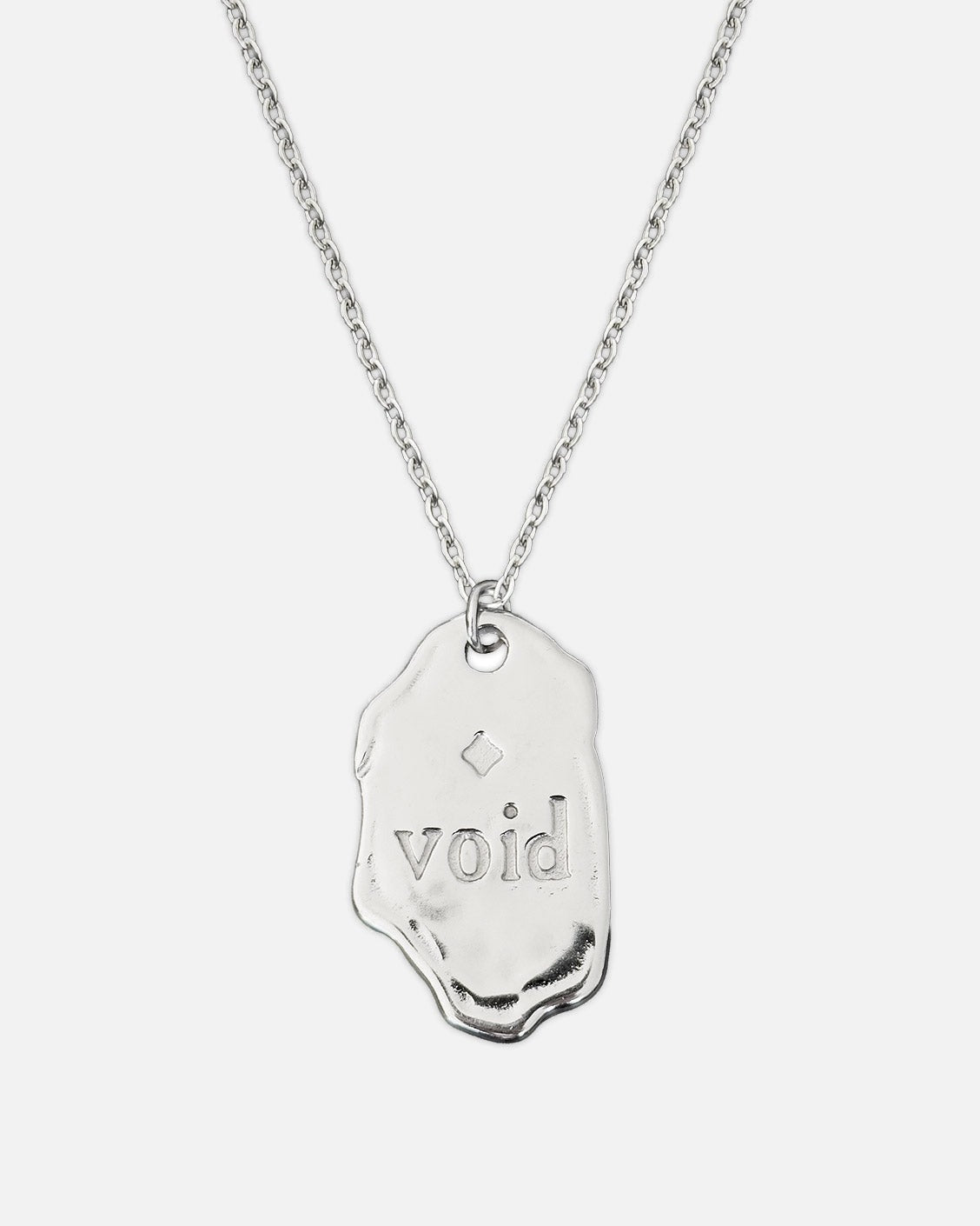 Silver necklace with a pendant engraved with the word 'void' on a white background
